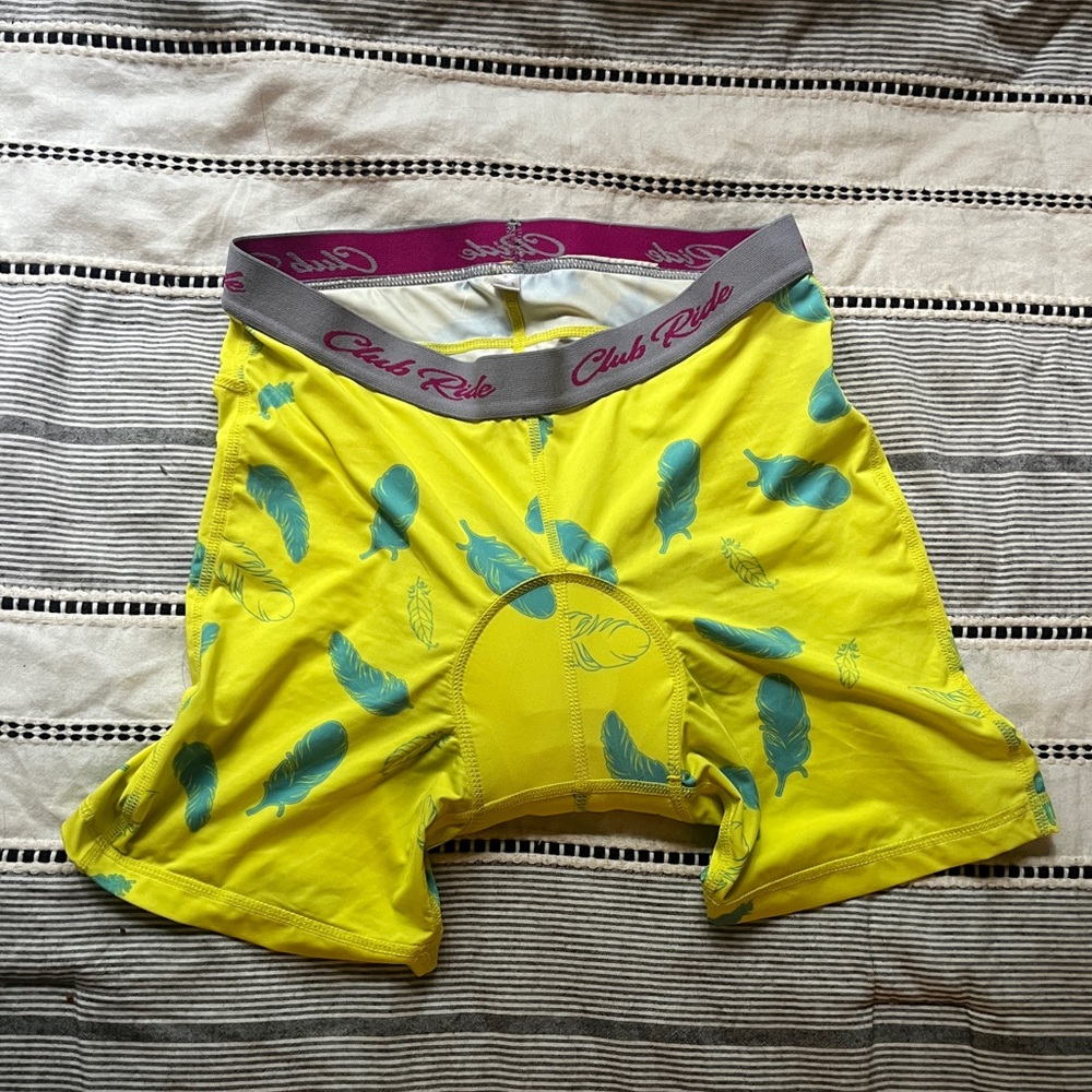 Club Ride Apparel Yellow Chamois Shorts with Blue Feather Design
